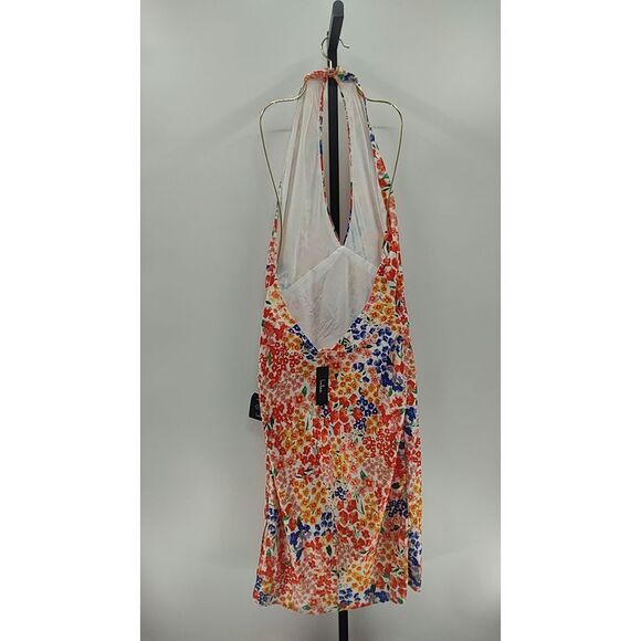 Lulus Women Orange Multi Floral Satin Halter Midi Basic Sleeved Dress L - Picture 2 of 2